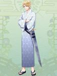  1boy bishounen blonde_hair commission crossed_arms dairoku_youhei full_body green_background grey_kimono japanese_clothes kimono l_(matador) male_focus sandals sheath sheathed simple_background solo standing wide_sleeves 