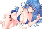  1girl absurdres barefoot bikini blue_bikini blue_eyes blue_hair breasts cleavage closed_mouth cu-no dutch_angle earrings front-tie_bikini front-tie_top hair_between_eyes halterneck highres hisenkaede jewelry kohitsuji_ai large_breasts long_hair lying necklace on_side scan side-tie_bikini simple_background smile solo swimsuit white_background 
