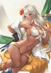  1girl ahoge bangs bikini blush breasts cowlick dark_skin dragon flower front-tie_bikini front-tie_top granblue_fantasy hair_between_eyes hair_flower hair_ornament hibiscus long_hair looking_at_viewer medium_breasts navel parfaitlate red_eyes smile swimsuit white_bikini white_hair zooey_(granblue_fantasy) 