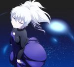  1girl closed_mouth commentary_request danpu darker_than_black dress hair_ribbon highres long_hair looking_at_viewer ponytail purple_dress purple_eyes ribbon silver_hair solo yin 