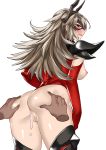  1girl ass blush breasts domino_mask fire_emblem fire_emblem_heroes from_behind grey_hair kaorihero long_hair looking_back mask nipples open_mouth red_eyes simple_background solo_focus thrasir_(fire_emblem) white_background 