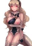  1girl armor black_gloves black_hairband breasts breasts_outside corrin_(fire_emblem) corrin_(fire_emblem)_(female) dragon_tail fire_emblem fire_emblem_fates gloves hairband highres jtaka large_breasts long_hair open_mouth pointy_ears red_eyes simple_background solo tail white_background white_hair 