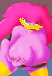  anatid anseriform anthro avian big_breasts bird blue_eyes breasts clothed clothing duck female hair hand_on_breast hi_res huge_breasts looking_at_viewer margot_mallard nipple_outline nipple_slip non-mammal_breasts pink_body purple_hair skimpy solo tiny_toon_adventures warner_brothers wiess 