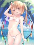  1girl absurdres arm_up artist_name ass_visible_through_thighs bangs bare_arms bare_shoulders bikini blonde_hair blue_sky blurry blurry_background blush braid breasts brown_eyes cloud collarbone commentary_request cowboy_shot crystal day eyebrows_visible_through_hair flandre_scarlet groin hair_between_eyes haruki_(colorful_macaron) highres lens_flare light_particles long_hair looking_at_viewer navel no_hat no_headwear one_side_up open_mouth outdoors sky small_breasts solo standing stomach swimsuit thighs touhou twitter_username white_bikini wings 