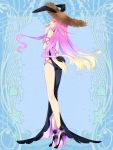 1girl animal_ears ass backless_outfit black_dress blue_background brown_headwear bunny_ears dairoku_youhei dress full_body hat high_heels l_(matador) long_hair long_legs looking_at_viewer looking_back pink_hair pink_ribbon purple_nails red_eyes ribbon simple_background solo standing straw_hat very_long_hair 