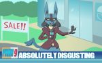  2019 4_fingers absolutely_disgusting angry anthro clothed clothing english_text fingers hi_res looking_at_viewer lucario meme microphone news_report newscaster nintendo open_mouth outside pok&eacute;mon pok&eacute;mon_(species) reaction_image sharkrags sign solo text video_games 