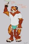  2:3 black_sclera bulge claws clothing dialogue english_text felid fluffy full-length_portrait fur handpaw hi_res horn hybrid koorivlf koorivlf_tycoon male mammal meme mostly_clothed orange_body orange_fur pantherine paws portrait procyonid raccoon red_body red_fur shirt signature standing stripes text tiger tired topwear tuft underwear white_body white_fur 
