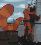  2013 against_wall ailurid anthro black_body black_fur building butt butt_grab canid canine canis city destruction duo embrace erection eyes_closed fluffy fluffy_tail frottage fur genitals hand_on_butt hi_res humanoid_genitalia humanoid_penis kissing larger_male macro male male/male mammal nommz nude outside pawpads paws penis red_body red_fur red_panda sex size_difference size_play smaller_male toes wolf 
