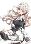  1girl corrin_(fire_emblem) corrin_(fire_emblem)_(female) fire_emblem fire_emblem_fates from_side juliet_sleeves long_hair long_sleeves looking_to_the_side maid maid_headdress misu_kasumi open_mouth pointy_ears puffy_sleeves red_eyes simple_background solo white_background white_hair 