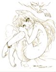  animal_ears barefoot feet holo ikuta_takanon long_hair lying monochrome nude sketch solo spice_and_wolf tail 