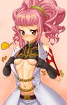  anya_alstreim areolae blush breasts code_geass covered_nipples gloves kink midriff orange_eyes pink_hair small_breasts solo underboob 