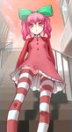  anya_alstreim bow code_geass hair_bow hair_ribbon highres no_panties pink_hair red_eyes ribbon solo stairs striped striped_legwear thighhighs upskirt yukari_(konekonekozou) 