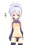  :o bandaid bandaids_on_nipples bare_arms black_legwear black_panties breasts darker_than_black jitome kuro_(be_ok) looking_at_viewer navel panties pasties pink_eyes shirt_lift silver_hair simple_background sleeveless small_breasts solo thighhighs underwear white_background yin 