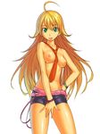  :p ahoge belt blonde_hair breasts green_eyes hand_on_hip hands hoshii_miki idolmaster idolmaster_(classic) idolmaster_1 long_hair necktie nipples short_shorts shorts shunin simple_background small_breasts solo tongue tongue_out topless 
