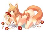  animal_ears bad_id bad_pixiv_id barefoot brown_hair cuteg fang flower holo long_hair nude red_eyes solo spice_and_wolf tail wolf_ears 