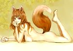  animal_ears bad_id bad_pixiv_id breast_press breasts brown_hair holo inuzuka_yura large_breasts long_hair lying nude on_stomach red_eyes solo spice_and_wolf tail wolf_ears 