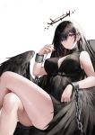  1girl bare_legs bdsm black_dress black_hair black_wings bondage bound breasts chain chair cleavage cleavage_cutout cocktail_dress commentary_request crossed_legs cuffs dress hair_between_eyes halo haori_iori head_tilt highres large_breasts legs nail_polish original parted_lips purple_eyes red_nails shackles sitting solo wings 