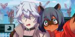  2020 2:1 anthro black_hair blue_eyes blue_hair blush brand_new_animal brown_body brown_fur canid canine city clothed clothing collar day female fur hair hand_on_shoulder hi_res human jacket male mammal michiru_kagemori multicolored_eyes multicolored_hair open_mouth outside pink_eyes qdlin raccoon_dog selfie shirou_ogami smile studio_trigger tanuki topwear translucent translucent_hair 