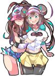  2girls anger_vein baseball_cap black_legwear blue_eyes blush breast_envy breast_grab breasts brown_hair cropped_legs enpe grabbing hat highres large_breasts legwear_under_shorts mei_(pokemon) midriff multiple_girls navel open_mouth pantyhose pokemon pokemon_(game) pokemon_bw pokemon_bw2 shaded_face short_shorts shorts smile surprised sweatdrop touko_(pokemon) vest visor_cap yuri 