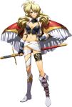  1girl armor asymmetrical_legwear black_choker black_gloves blonde_hair boots breasts brenda_(langrisser) brown_eyes choker cleavage crop_top fingerless_gloves floating_hair full_body gloves groin hand_on_hip highres holding holding_sheath knee_boots langrisser langrisser_mobile langrisser_v long_hair looking_at_viewer medium_breasts midriff miniskirt mole mole_under_eye navel official_art pauldrons purple_lips sheath sheathed shiny shiny_hair shoulder_armor skirt solo standing stomach sword transparent_background weapon white_footwear white_skirt 