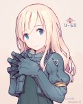  1girl beige_background blonde_hair blue_eyes character_name cropped_jacket elbow_gloves gloves grey_gloves grey_jacket hair_between_eyes jacket kantai_collection long_hair looking_at_viewer nakaaki_masashi no_hat no_headwear simple_background smile solo twitter_username u-511_(kantai_collection) upper_body 