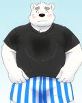  2020 4:5 anthro belly black_nose blue_background blue_eyes blush clothing fur hi_res humanoid_hands kemono male mammal overweight overweight_male polar_bear shirane_kan shirt simple_background solo topwear underwear ursid ursine utau white_body white_fur yaki_atsuage 