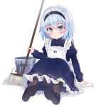  1girl alternate_costume apron bangs black_footwear blue_dress blue_eyes blue_hair brown_legwear bucket commentary_request dress enmaided eyebrows_visible_through_hair frilled_apron frilled_dress frills full_body gyozanuko hair_between_eyes highres juliet_sleeves long_sleeves maid maid_apron maid_headdress mop pantyhose puffy_sleeves rag ryuuou_no_oshigoto! shadow shoe_soles shoes sitting solo sora_ginko white_apron white_background younger 