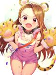  1girl absurdres animal_ears blush brown_hair collar commentary confetti cowboy_shot eyebrows_visible_through_hair fake_animal_ears fake_tail fangs fur_trim gloves gym_shorts headband highres idolmaster idolmaster_(classic) long_hair looking_at_viewer minase_iori name_tag open_mouth paw_gloves paws red_eyes sash shennai_misha short_shorts shorts simple_background sketch smile solo sparkle stuffed_animal stuffed_bunny stuffed_toy tail tank_top thigh_gap tiger_ears tiger_paws tiger_tail v-shaped_eyebrows white_background 