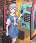  1girl absurdres ayanami_rei blue_dress breasts character_name closed_mouth collar collarbone collared_shirt dress english_text highres holding holding_phone holding_suitcase kuhnowushi looking_at_viewer medium_breasts neck_ribbon neckwear neon_genesis_evangelion outdoors phone phone_booth red_eyes red_neckwear red_ribbon ribbon school_uniform shirt short_hair short_sleeves silver_hair smile solo standing suitcase uniform white_shirt 