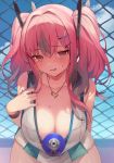 1girl azur_lane bangs bare_shoulders bent_over between_breasts blue_sky blush bottle breasts bremerton_(azur_lane) bremerton_(scorching-hot_training)_(azur_lane) chain-link_fence cleavage collarbone fence hair_ornament heart heart_necklace highres jewelry large_breasts leaning_forward long_hair looking_at_viewer open_mouth pendant pink_hair red_eyes sidelocks sky smile solo sportswear tennis_uniform twintails two-tone_shirt two-tone_skirt vivi_(eve_no_hakoniwa) water_bottle 