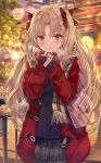  1girl :t alternate_costume aran_sweater bag bangs black_legwear black_skirt blush bow breath brown_scarf building casual closed_mouth coat cowboy_shot day duffel_coat ereshkigal_(fate/grand_order) eyebrows_visible_through_hair fate/grand_order fate_(series) fringe_trim hair_bow handbag highres long_hair miniskirt night open_clothes open_coat outdoors own_hands_together pantyhose parted_bangs plaid plaid_scarf plaid_skirt pleated_skirt pout purple_sweater red_bow red_coat scarf shoulder_bag skirt sleeves_past_wrists solo sweater torino_akua two_side_up very_long_hair 