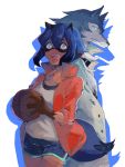  3:4 absurd_res anthro ball basketball_(ball) blue_body blue_eyes blue_fur blue_hair brand_new_animal breasts brown_body brown_fur canid canine canis clothed clothing collar female fluffy fluffy_tail fur hair hi_res holding_ball holding_object jacket looking_at_viewer male mammal michiru_kagemori multicolored_eyes open_mouth open_smile pink_eyes portrait raccoon_dog shirou_ogami smile studio_trigger tanuki three-quarter_portrait topwear white_body wolf yonagi_zatta 