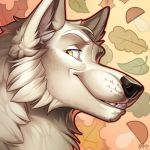  1:1 black_nose canid canine canis cheek_tuft digital_media_(artwork) eyebrows facial_tuft fungus fur kahito-slydeft leaf male mammal mushroom signature simple_background smile solo teeth tuft white_body white_fur wolf yellow_eyes 