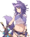  1girl animal_ear_fluff animal_ears ass_visible_through_thighs bangs belt big_wednesday bikini blush bracelet breasts brown_eyes chain closed_mouth criss-cross_halter halterneck jewelry large_breasts makoto_(princess_connect!) navel parted_bangs princess_connect! princess_connect!_re:dive purple_bikini purple_hair shirt short_sleeves sidelocks simple_background solo swimsuit sword tail thighs tied_shirt weapon white_background white_shirt wolf_ears wolf_girl wolf_tail 
