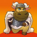  1:1 2020 angusburgers animal_crossing anthro armor bison bovid bovine brown_body brown_fur cape chibi clothed clothing fur headgear helmet hi_res humanoid_hands male mammal nintendo solo vic_(animal_crossing) video_games viking_helmet 