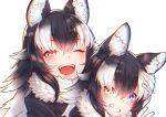  2girls absurdres animal_ears black_hair blue_eyes dual_persona eyebrows_visible_through_hair fur_collar gloves grey_wolf_(kemono_friends) hand_in_another&#039;s_hair heterochromia highres kemono_friends multicolored_hair multiple_girls one_eye_closed open_mouth simple_background st.takuma two-tone_hair white_background white_gloves wolf_ears wolf_girl yellow_eyes 