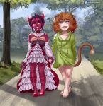  animal_humanoid breasts brown_hair cat_humanoid clothed clothing demon dipstick_tail duo felid felid_humanoid feline feline_humanoid female hair hi_res humanoid mammal mammal_humanoid multicolored_tail open_mouth pablocomics red_body red_eyes red_skin 