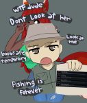  2_fingers absurd_res angler_(terraria) anthro bottomwear brown_eyes brown_hair canid canine clothing duo english_text female fingers fishing_hat fox grey_background hair hat headgear headwear hi_res human human_focus jeans mammal not_furry_focus pants peps simple_background terraria text torn_clothing zoologist_(terraria) 