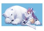  1girl a_san_san absurdres animal_ears azur_lane bear blue_background blue_eyes blush brown_sweater coat commentary_request eyebrows_visible_through_hair fake_animal_ears fur-trimmed_coat fur-trimmed_sleeves fur_trim hair_ornament hair_ribbon highres long_hair long_sleeves looking_at_viewer open_mouth polar_bear ponytail purple_hair ribbon shirt sitting sweater tashkent_(azur_lane) thighhighs two-tone_background very_long_hair very_long_sleeves white_background white_coat white_legwear winter_clothes 