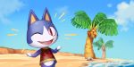  2020 2:1 animal_crossing anthro beach clothing cloud day felid feline grass hi_res male mammal nikogeyer nintendo one_eye_closed open_mouth open_smile palm_tree red_eyes rock rover_(animal_crossing) sand seaside smile solo tongue tree video_games water wink 