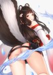  1girl animal_ear_fluff animal_ears ass azur_lane bare_shoulders bell black_hair blush breasts eyebrows_visible_through_hair flower hair_between_eyes hair_flower hair_ornament highres japanese_clothes jori kimono large_breasts long_hair long_sleeves long_tail looking_at_viewer looking_back multicolored_hair naganami_(azur_lane) no_panties off_shoulder open_mouth skunk_ears skunk_tail smile solo tail thighhighs white_hair white_kimono wide_sleeves 