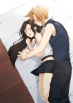  1boy bed_sheet black_skirt blonde_hair breasts brown_hair closed_eyes cloud_strife cuddling final_fantasy final_fantasy_vii happy height_difference hetero holding_hands long_hair lying on_bed on_side skirt sleeveless sleeveless_turtleneck spooning tifa_lockhart tooru_(jux) turtleneck 