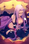  1girl bangs bare_shoulders black_legwear black_skirt breasts cis05 cleavage collarbone commentary crop_top fate/stay_night fate_(series) forehead hair_intakes large_breasts long_hair low-tied_long_hair midriff open_mouth parted_bangs purple_eyes purple_hair rider skirt solo thighhighs thighs very_long_hair 