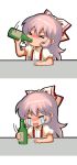  &gt;_&lt; 1girl bangs blush bottle bow chibi chinese_commentary closed_eyes commentary_request crying drinking eyebrows_visible_through_hair fujiwara_no_mokou hair_between_eyes hair_bow hand_up holding holding_bottle nose_blush open_mouth pink_hair puffy_short_sleeves puffy_sleeves shangguan_feiying shirt short_sleeves sidelocks streaming_tears suspenders tears touhou upper_body white_background white_bow white_shirt 
