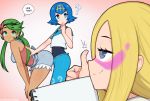  3girls afrobull ass blonde_hair blue_eyes blue_hair breasts dark_skin green_eyes green_hair grey_eyes mao_(pokemon) matsurika_(pokemon) multiple_girls pokemon pokemon_(game) pokemon_sm sexually_suggestive suiren_(pokemon) thumbs_up 