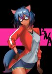  absurd_res black_nose blue_body blue_eyes blue_hair brand_new_animal breasts brown_body brown_fur canid canine clothed clothing female fluffy fluffy_tail fur glistening glistening_hair hair hand_on_hip hi_res jacket looking_at_viewer mammal michiru_kagemori multicolored_body multicolored_fur multicolored_hair nashi open_jacket portrait raccoon_dog smile solo studio_trigger tanuki three-quarter_portrait topwear 