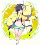  1girl black_hair blue_eyes full_body gym_leader headphones highres jacket kamitsure_(pokemon) low_twintails midriff minoshi nail_polish open_clothes pokemon pokemon_(game) pokemon_bw2 short_shorts shorts smile solo twintails 