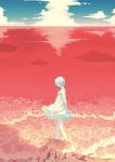  1girl absurdres ayanami_rei bare_shoulders beach closed_mouth cloud cloudy_sky day dress from_side full_body highres horizon lcl looking_down neon_genesis_evangelion ocean red_eyes shore short_hair sky sleeveless user_fgq0202 walking water waves waving white_dress white_hair 