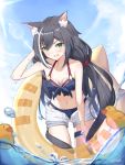  1girl animal_ear_fluff animal_ears bangs bare_shoulders bikini black_bikini black_hair blue_sky blush breasts cat_ears cat_girl cat_tail collarbone green_eyes hair_between_eyes haruuuon highres innertube_with_ears karyl_(princess_connect!) leaning_forward lens_flare long_hair looking_at_viewer low_twintails medium_breasts multicolored_hair navel ocean open_mouth princess_connect! princess_connect!_re:dive rubber_duck shorts sky solo streaked_hair sunlight swimsuit tail thighs twintails wading water wet white_hair white_shorts 