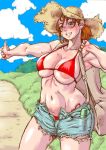  1girl areola_slip areolae back bikini black_eyes blue_sky blush breasts brown_hair cleavage cloud commentary_request grin hat hitchhiking long_hair millefeuille navel original outdoors red_bikini short_shorts shorts sky smile solo straw_hat sweat swimsuit thumbs_up 